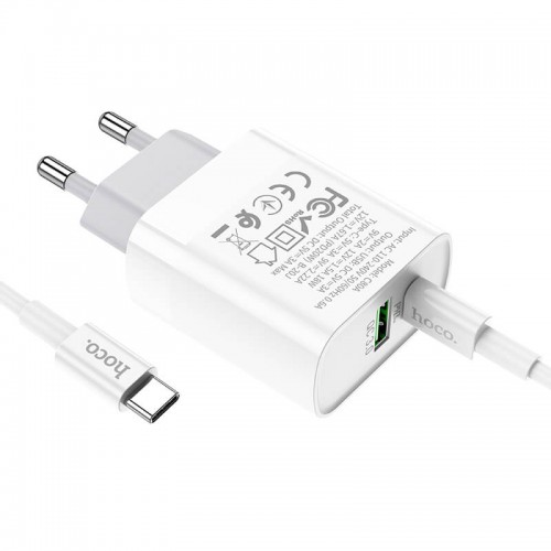 Адаптер мережевий HOCO Type-C to Type-C cable rapido charger set C80A |1USB/1Type-C, QC/PD, 20W, 3A| white