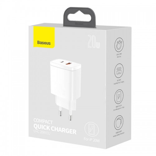 Адаптер мережевий BASEUS Compact Quick Charger 1USB / 1TYPE-C, QC / PD, 20W, 3A| (CCXJ-B02) black