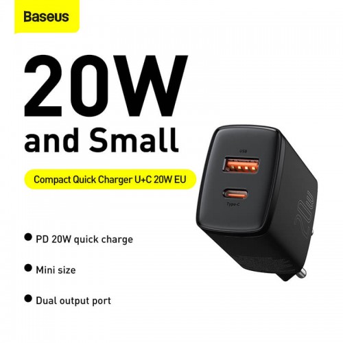 Адаптер мережевий BASEUS Compact Quick Charger 1USB / 1TYPE-C, QC / PD, 20W, 3A| (CCXJ-B02) black