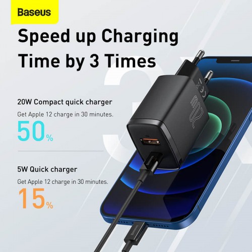 Адаптер мережевий BASEUS Compact Quick Charger 1USB / 1TYPE-C, QC / PD, 20W, 3A| (CCXJ-B02) black