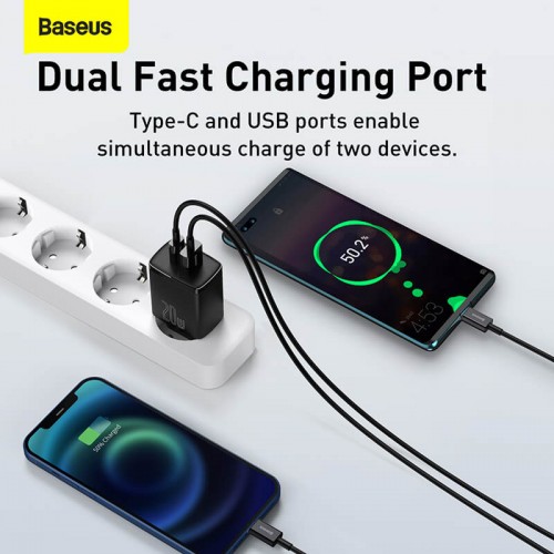 Адаптер мережевий BASEUS Compact Quick Charger 1USB / 1TYPE-C, QC / PD, 20W, 3A| (CCXJ-B02) black