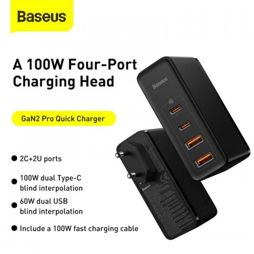 Адаптер мережевий BASEUS GaN2 Pro Quick Charger |2USB/2Type-C, QC/PD, 100W, 5A| (CCGAN2P-L02) black