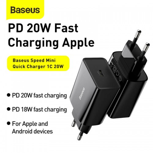 Адаптер мережевий BASEUS Speed Mini Quick Charger 1C |1Type-C, PD/QC,20W, 3A| (CCFS-SN02) black