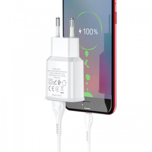 Адаптер мережевий Hoco Type-C Cable Star round dual Port charger set C88A |2USB, 2.4A| white