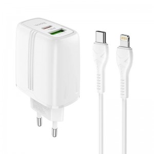 Адаптер мережевий HOCO Type-C to Lightning Cable Powerful dual Port charger set N11 |1USB/1Type-C, PD/QC, 20W/3A| white