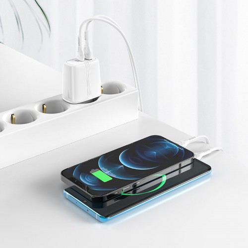 Адаптер мережевий HOCO Type-C to Lightning Cable Powerful dual Port charger set N11 |1USB/1Type-C, PD/QC, 20W/3A| white