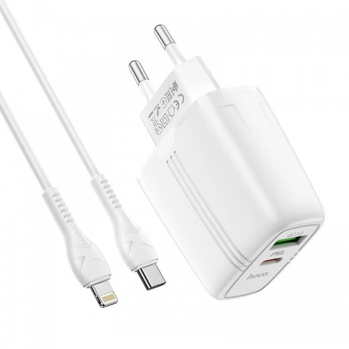 Адаптер мережевий HOCO Type-C to Lightning Cable Powerful dual Port charger set N11 |1USB/1Type-C, PD/QC, 20W/3A| white