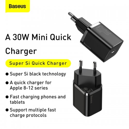 Адаптер мережевий BASEUS Super si quick charger IC |1Type-C, 3A/30W, PD/QC| (CCSUP-J02) black