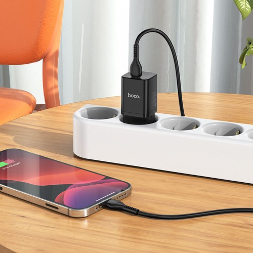 Адаптер мережевий HOCO Type-C to Lightning cable Rigorous charger set N19 |Type-C, 25W, 3A, QC/PD| white