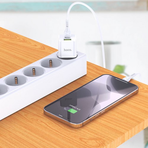 Адаптер мережевий HOCO Type-C to Lightning Cable Prestige charger set N20 |1USB/1Type-C, 20W, 3A, QC/PD| white
