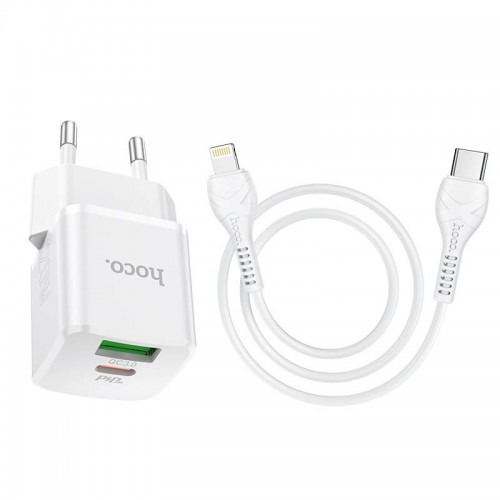 Адаптер мережевий HOCO Type-C to Lightning Cable Prestige charger set N20 |1USB/1Type-C, 20W, 3A, QC/PD| white