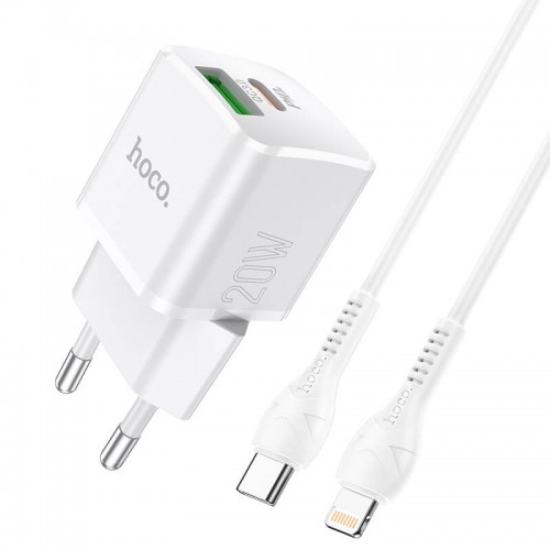 Адаптер мережевий HOCO Type-C to Lightning Cable Prestige charger set N20 |1USB/1Type-C, 20W, 3A, QC/PD| white