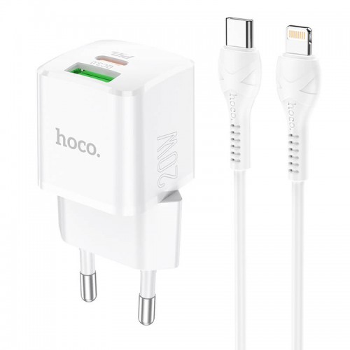 Адаптер мережевий HOCO Type-C to Lightning Cable Prestige charger set N20 |1USB/1Type-C, 20W, 3A, QC/PD| white