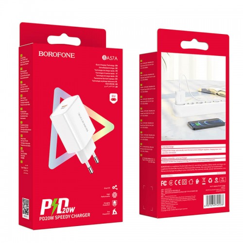 Адаптер мережевий BOROFONE Easy Speed single port charger BA57A |Type-C, 20W/3A, PD/QC| white