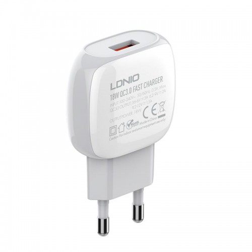 Адаптер мережевий LDNIO Type-C Cable A1306q |1USB, 3A, QC| white
