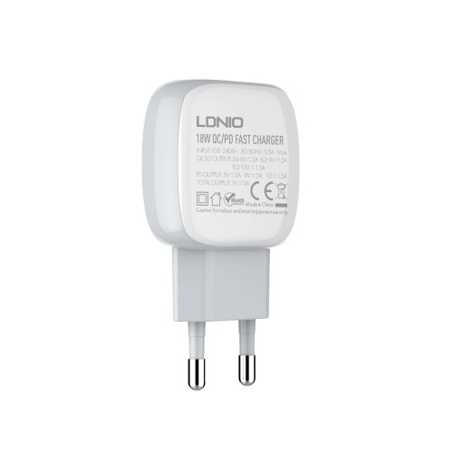 Адаптер мережевий LDNIO Type-C to Lightning Cable A2313C |1USB/1Type-C, QC/PD, 3A| white