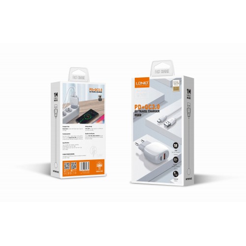 Адаптер мережевий LDNIO Type-C to Lightning Cable A2313C |1USB/1Type-C, QC/PD, 3A| white