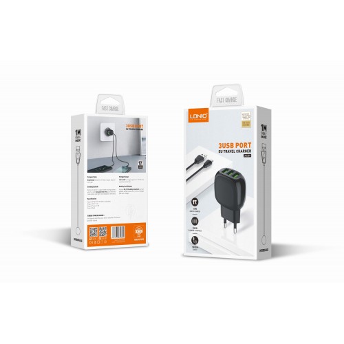 Адаптер мережевий LDNIO Micro USB Cable A3309 |3USB, 3.4A| black