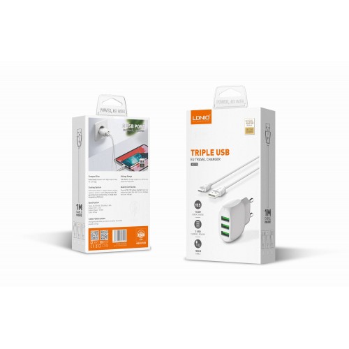 Адаптер мережевий LDNIO Micro USB Cable A3315 |3USB, 3.1A| white