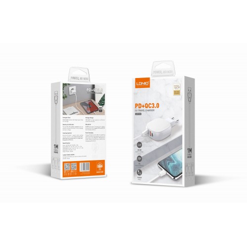 Адаптер мережевий LDNIO Type-C to Lightning Cable A3510Q |2USB/1Type-C, QC/PD, 3A/28.5W| white