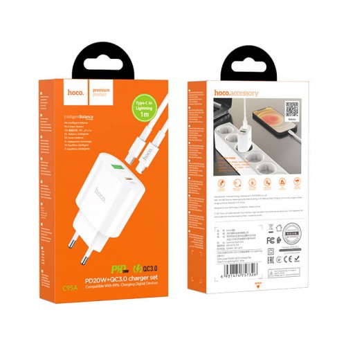 Адаптер мережевий Hoco Type-C to Lightning Cable Lineal C95A |1USB/1Type-C, PD/QC, 20W/3A| white