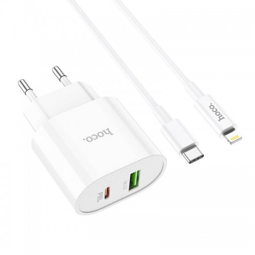 Адаптер мережевий Hoco Type-C to Lightning Cable Lineal C95A |1USB/1Type-C, PD/QC, 20W/3A| white