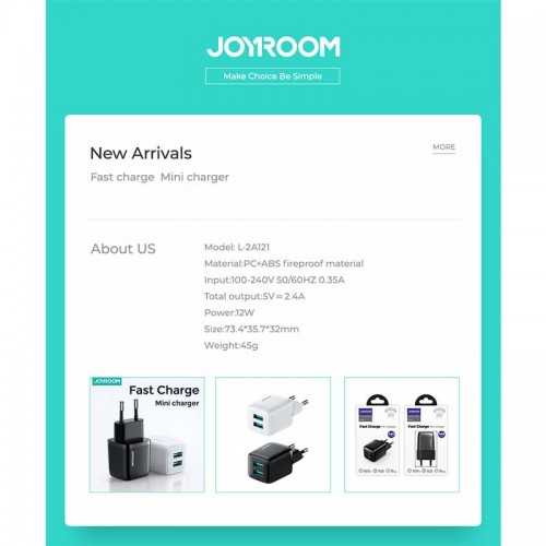 Адаптер сетевой JOYROOM Mini dual port smart fast charge L-2A121 |2USB, 2.4A|