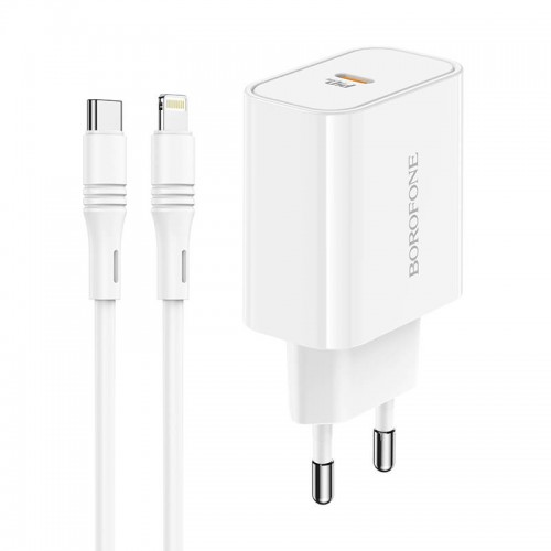 Адаптер мережевий BOROFONE Type-C to Lightning cable Easy Speed single port charger BA57A |Type-C, 20W/3A, PD/QC| white