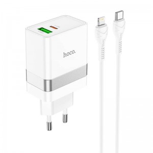 Адаптер мережевий HOCO Type-C to Lightning Cable Extension speed charger set N21 |1USB/1Type-C, PD/QC, 3A/30W| white