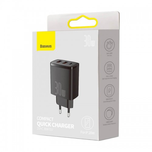Адватер мережевий BASEUS Compact Quick Charger |2USB/1Type-C, 30W/3A, PD/QC| (CCXJ-E02) black