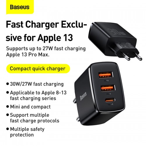 Адватер мережевий BASEUS Compact Quick Charger |2USB/1Type-C, 30W/3A, PD/QC| (CCXJ-E02) black