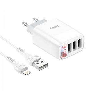 Адаптер мережевий Hoco Lightning cable Easy charge digital display charger set C93A |3USB, 3.4A| white