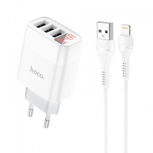 Адаптер мережевий Hoco Lightning cable Easy charge digital display charger set C93A |3USB, 3.4A| white