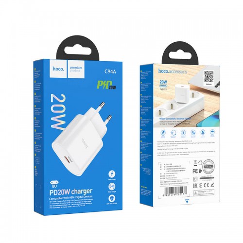 Адаптер мережевий HOCO Metro single port charger C94A |1Type-C, 20W/3A, PD/QC| white