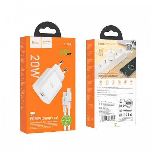 Адаптер мережевий HOCO Type-C to Type-C Cable Metro single port charger set C94A |1Type-C, 20W/3A, PD/QC| white