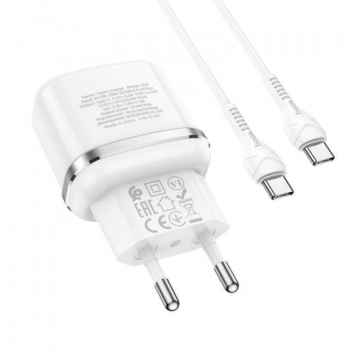 Адаптер мережевий HOCO Type-C to Type-C Cable Victorious single port charger set N24 |1Type-C, 20W/3A, PD/QC| white