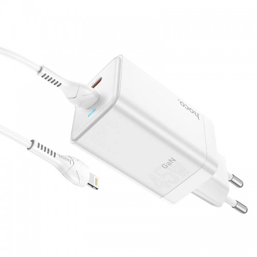 Адаптер мережевий Hoco Type-c to Lightning Cable Astral N23 |2Type-C, 45W/3A, PD/QC| white