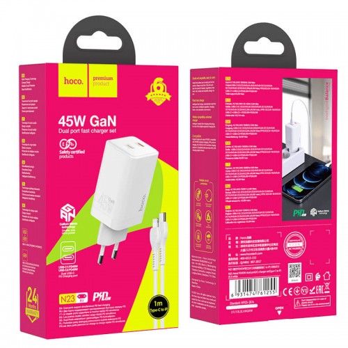 Адаптер мережевий Hoco Type-c to Lightning Cable Astral N23 |2Type-C, 45W/3A, PD/QC| white