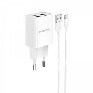 Адаптер мережевий BOROFONE Micro USB Cable Powerway dual port charger set BA53A |2USB, 2.1A| white
