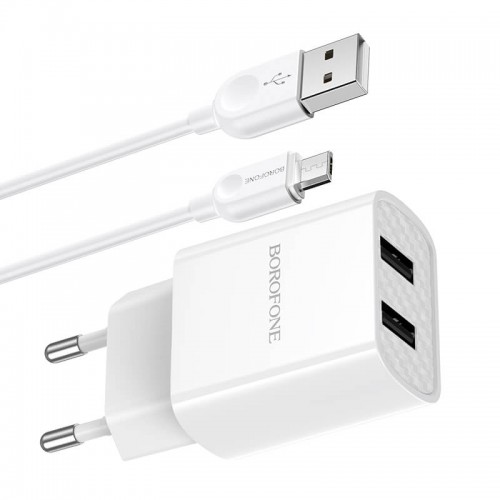 Адаптер мережевий BOROFONE Micro USB Cable Powerway dual port charger set BA53A |2USB, 2.1A| white
