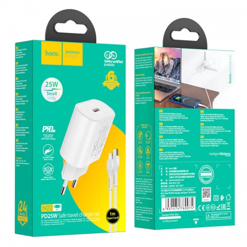 Адаптер мережевий Hoco Type-C to Lightning Cable Jetta charger set N22 |Type-C, 25W/3A, PD| white