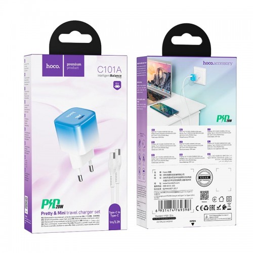 Адаптер мережевий HOCO Type-C to Type-C cable single port charge set C101A |Type-C, PD, 3A/20W| blue