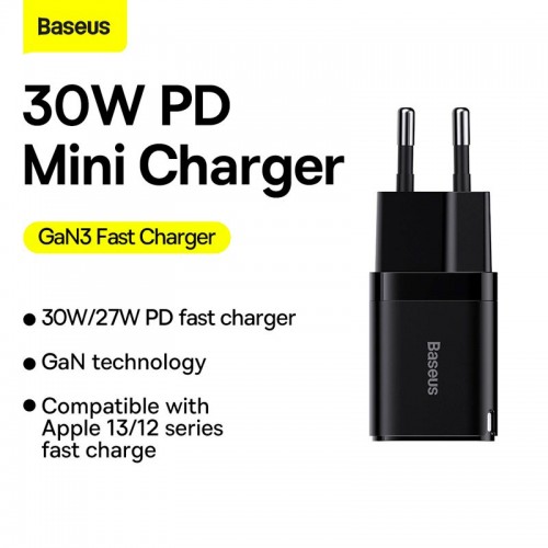 Адаптер мережевий Baseus GAN3 Fast Charger 1C |Type-C, 30W/3A, PD/QC| (CCGN010101) black