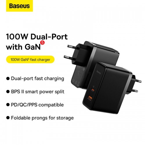 Адаптер мережевий Baseus Type-C to Typc-C cable Gan5 Pro Fast Charger |1USB/1Type-C, PD/QC, 100W/3A| (CCGP090202) black