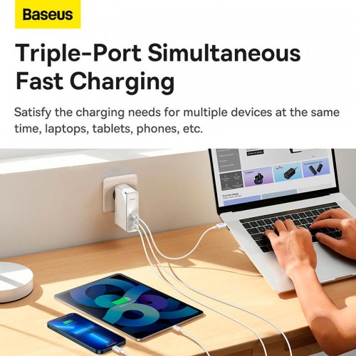 Адаптер мережевий Baseus Type-C to Typc-C cable Gan5 Pro Fast Charger |1USB/2Type-C, PD/QC, 140W/5A| (CCGP100202) white