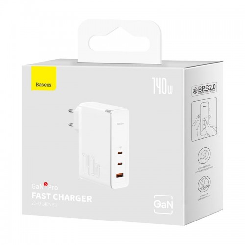 Адаптер мережевий Baseus Type-C to Typc-C cable Gan5 Pro Fast Charger |1USB/2Type-C, PD/QC, 140W/5A| (CCGP100202) white