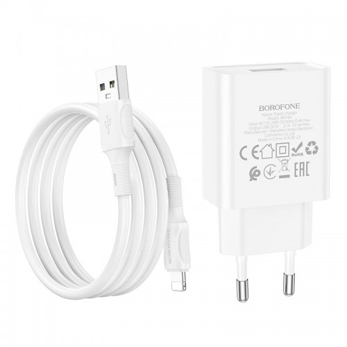 Адаптер мережевий BOROFONE Lightning Cable Aspirer single port charger set BA74A |1USB, 2.1A| white
