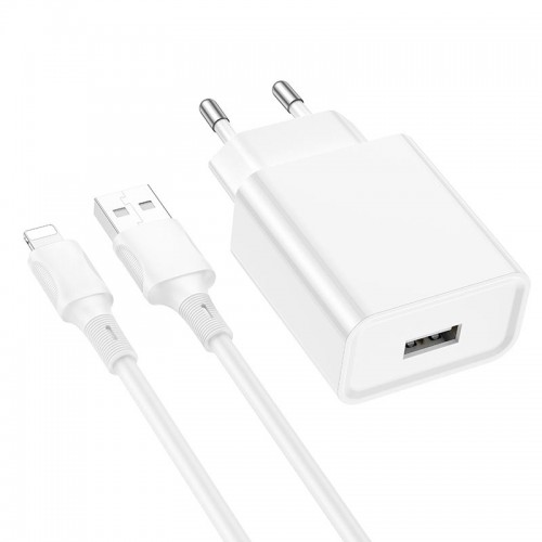 Адаптер мережевий BOROFONE Lightning Cable Aspirer single port charger set BA74A |1USB, 2.1A| white