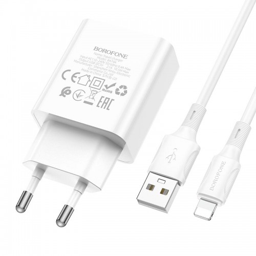 Адаптер мережевий BOROFONE Lightning Cable Aspirer single port charger set BA74A |1USB, 2.1A| white
