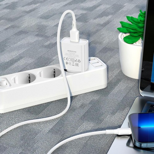 Адаптер мережевий BOROFONE Lightning Cable Aspirer single port charger set BA74A |1USB, 2.1A| white